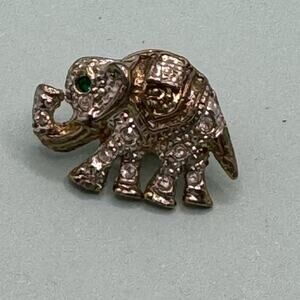 Vintage Elephant Brooch Pin Embellished Green Eye Rhinestones Gold tone Small